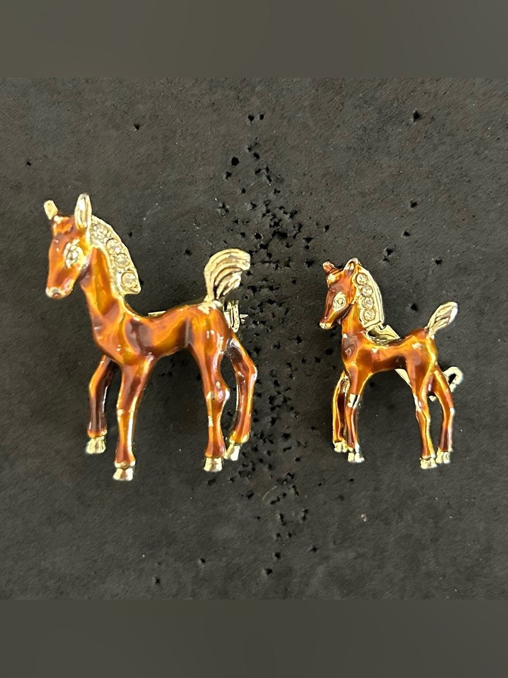 Vintage Set of  2 Pony Horse Brooch  Pins COPPER ENAMEL, GOLD TONE & GEMSTONES